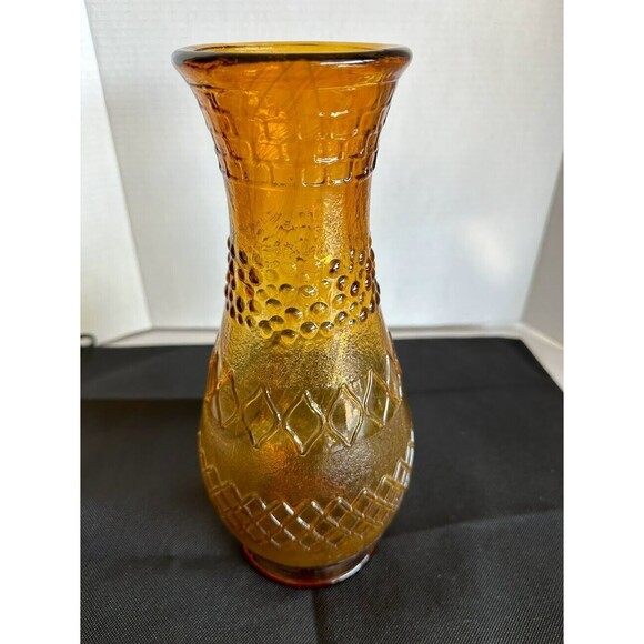 Amber Vase Vintage Large Bubble Double Diamond Design Retro 12" x 4" - Picture 2 of 5
